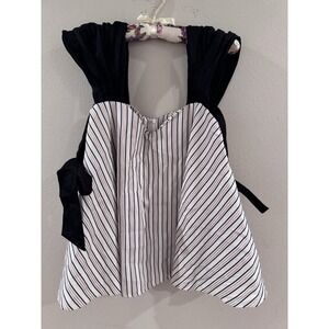 Style Mafia 100% Linen Cottagecore Top Blue White Striped Bow Detail Medium